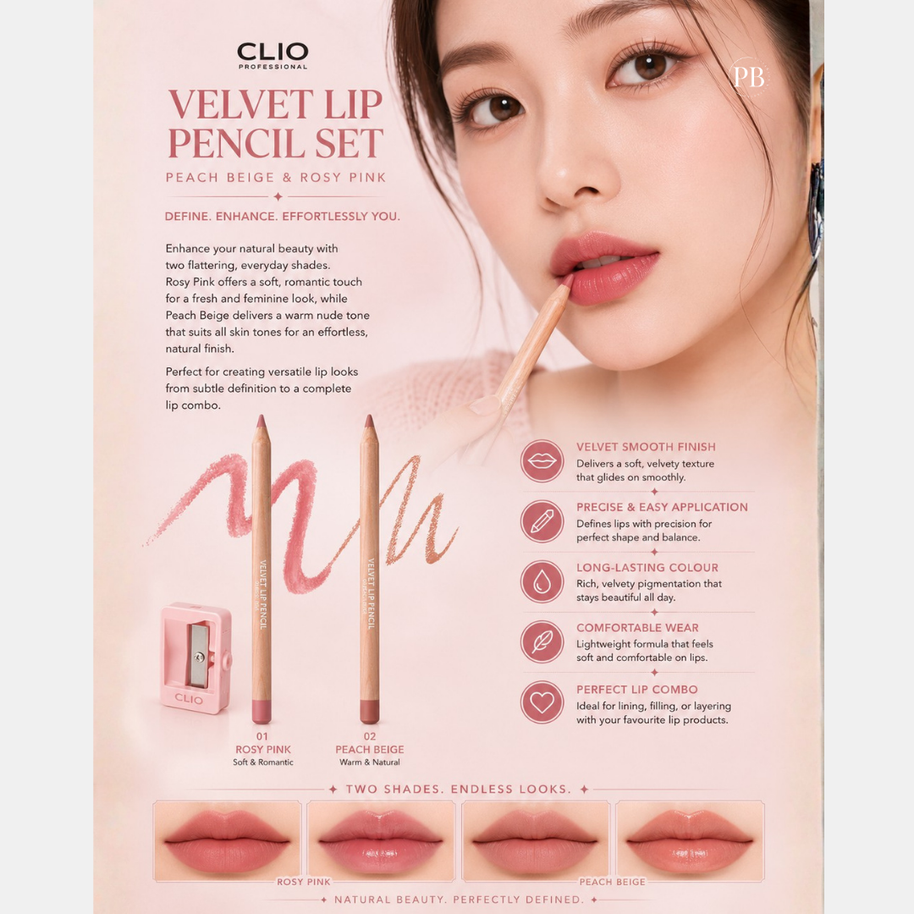 CLIO Velvet Lip Pencil Set (+ sharpener - Peach Beige & Rosy Pink)